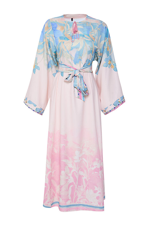 Trendyol Modest Powder Linen Look Spanish Sleeves Belted Print Woven Dress Tctss25Eb00033