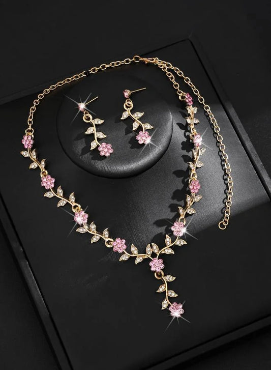 2-Piece Floral Rhinestone Embellished Necklace and Earrings Jewelry Set