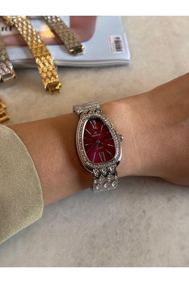 Montre-bracelet femme Bluemix Accessories SERENAY, modèle bordeaux en acier (cadeau inclus)