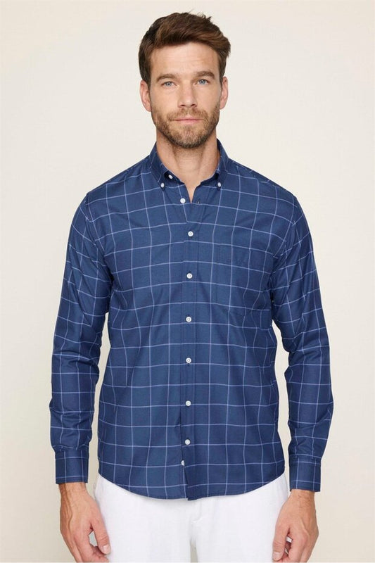 Chemise Tudors pour homme, coupe classique, col boutonné, petits carreaux, en coton bleu marine