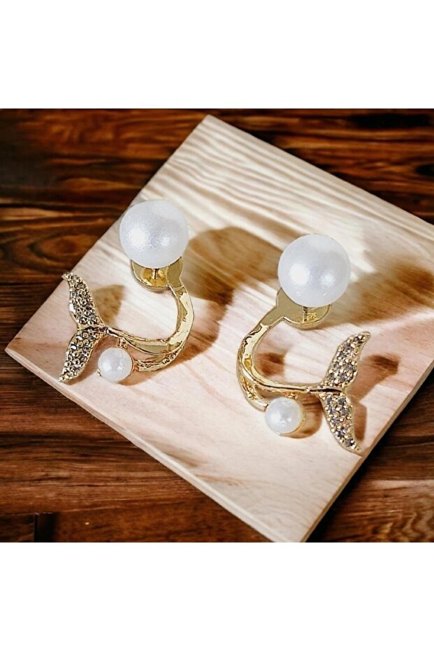 Boucles d'oreilles Toptanhanem élégantes en forme de queue de poisson, ornées de perles et de zircon, plaquées or | Pour le quotidien, le sport et les occasions spéciales