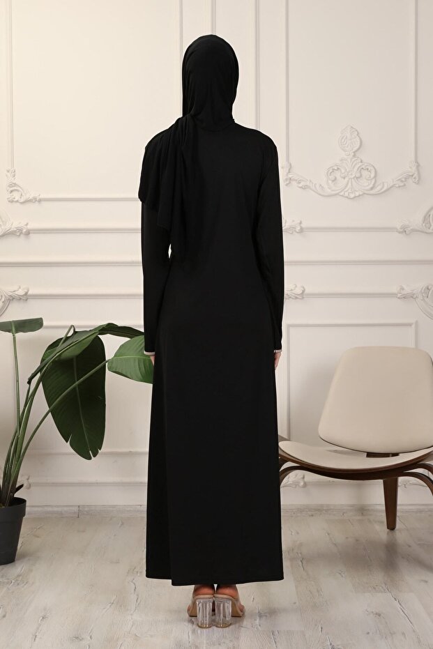 Robe de prière en tissu interlock souple noir transacoustique à col enveloppant et bordures apparentes