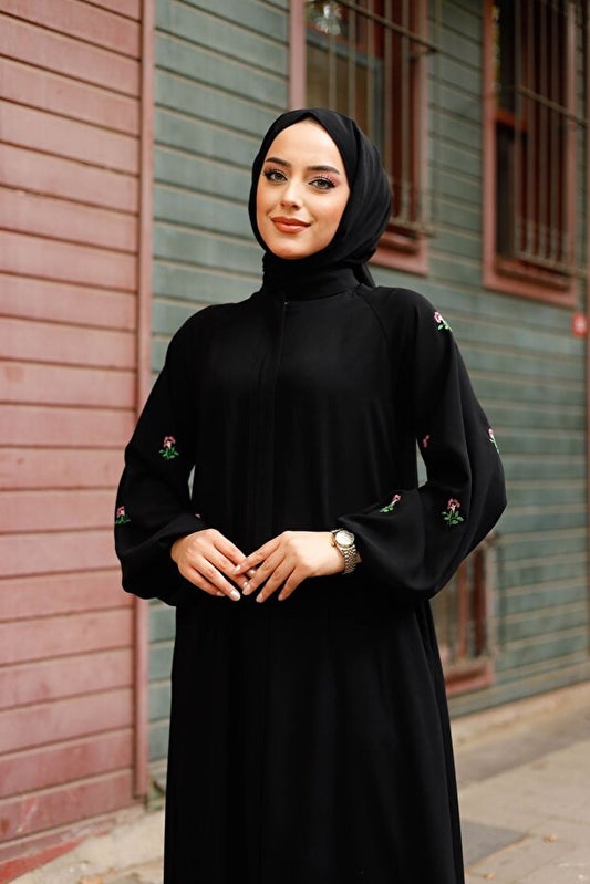 Abaya en soie noire Medina à motif floral pour femme MARQUANT , avec fermeture éclair à boutonnière, ceinture et poches (style hijab)