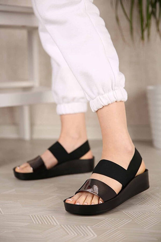 Sandales élastiques pour femmes CCWAY SHOES en cuir verni noir