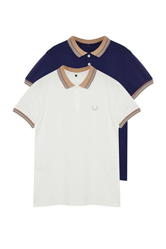 Lot de 2 polos bleu marine et blanc, coupe slim, broderie cerf, 100 % coton, col polo, TMNSS24PO00031