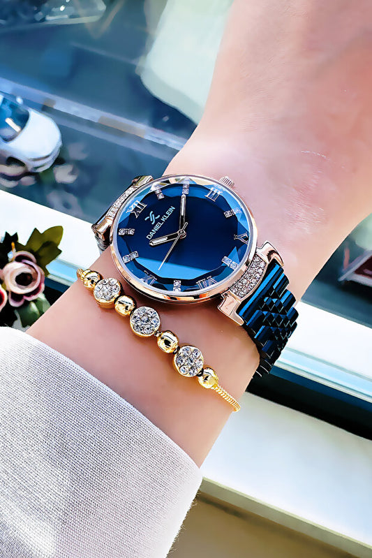 Montre-bracelet pour femme Daniel Klein Original en verre taillé, bracelet en acier bleu marine étanche - Cadeau Dkby2048C8