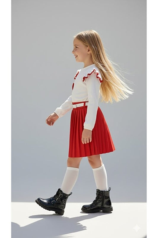 Ensemble deux pièces rouge et blanc pour filles EFLINS avec jupe en cuir, collection Noël (2-3-4-5-6-7-8-9 ans)