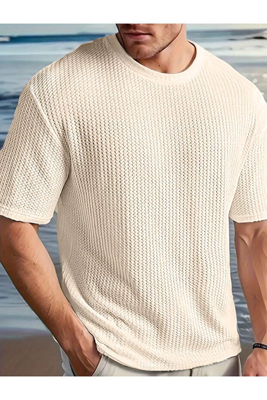 Chemise beige à manches courtes et col rond en tissu gaufré Robert pour homme de caddekombin