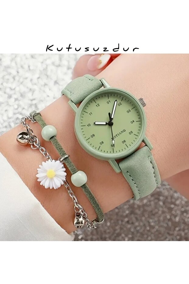 Montre BBS verte et bracelet à fleurs et feuilles (boîte non incluse)