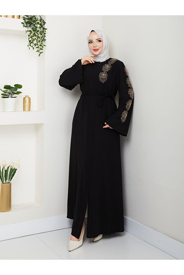 ABAYA ESLEMNUR À MOTIFS DE PALMIERS ET ORNÉE DE PERLES JAUNES