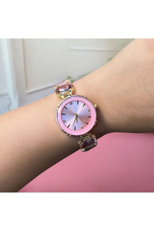 Montre femme CLUPPOLOON rose avec pierres taillées
