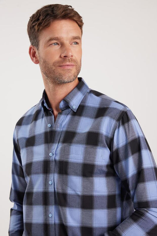 Chemise Tudors pour homme, coupe classique, col boutonné, petits carreaux, en coton bleu marine