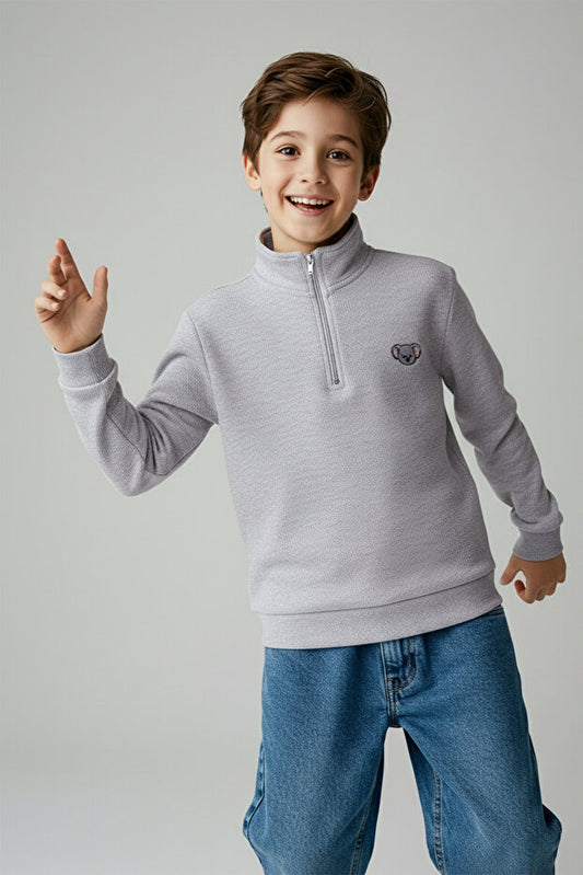 TRENDYOLKIDS Sweat-shirt tricoté gris chiné en coton imprimé à col montant pour garçon Tkdaw26Sw00038