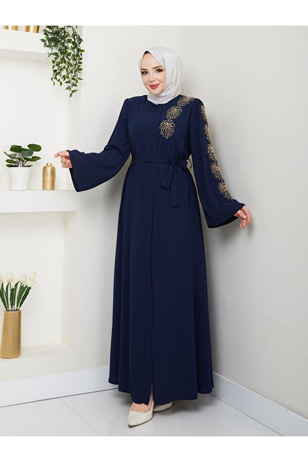 ABAYA À MOTIFS DE PALMIERS ET ORNÉE DE PERLES JAUNES