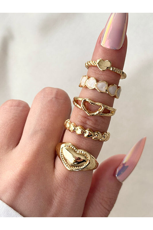 Ensemble de 5 bagues en forme de cœur couleur or pour femme Eylülün Takı