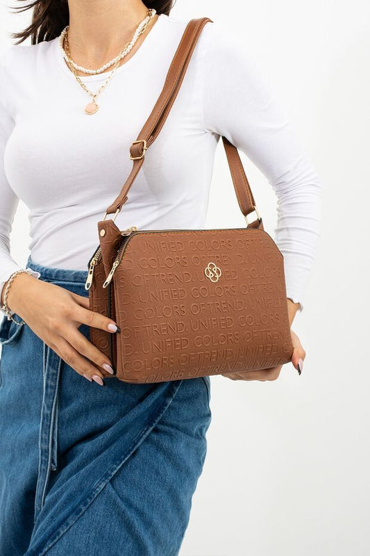 mugalas Tan Text Printed Three Compartment Water Repellent Shoulder Cross Strap Quality Bag