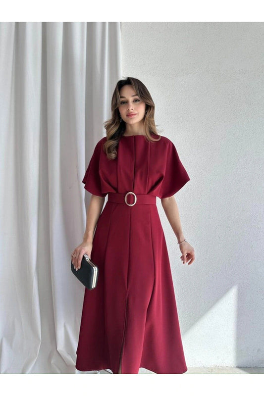 Modisma Belt Detail Midi Dress Burgundy Color Dress
