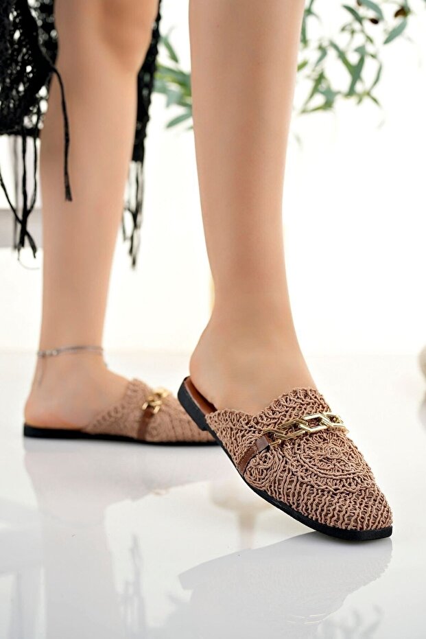 Pantoufles tissées à bout fermé pour femmes Modafırsat , couleur beige, en dentelle tricotée brodée, pantoufles de mariée et de tous les jours