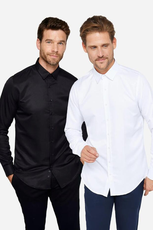 Lot de 2 chemises Tudors noires et blanches, coupe ajustée, repassage facile, tissu respirant et absorbant la transpiration, quatre saisons, pour homme