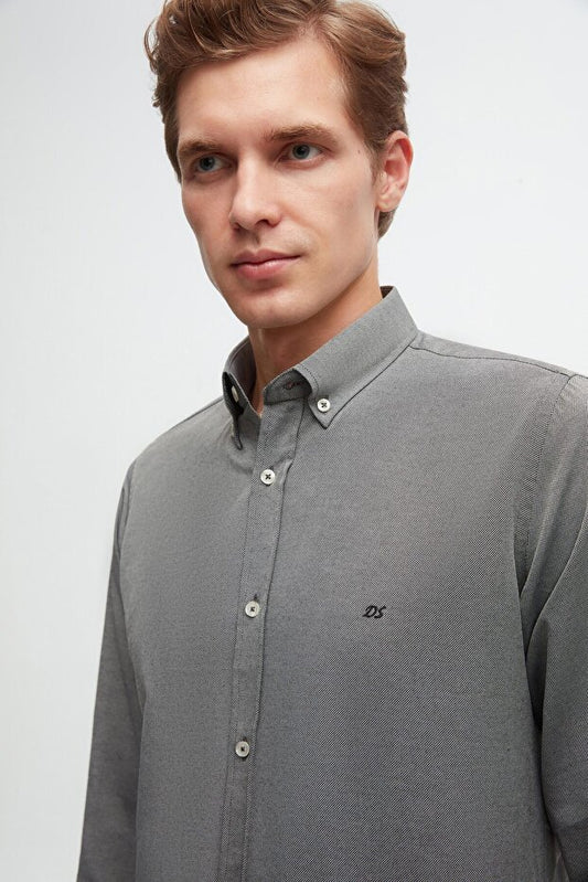 Chemise en coton brodé D'S Damat Slim Fit Anthracite Oxford à col boutonné, facile à repasser