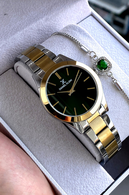 Montre femme Daniel Klein 100% originale, bracelet doré et argenté, cadran vert, édition spéciale avec bracelet offert