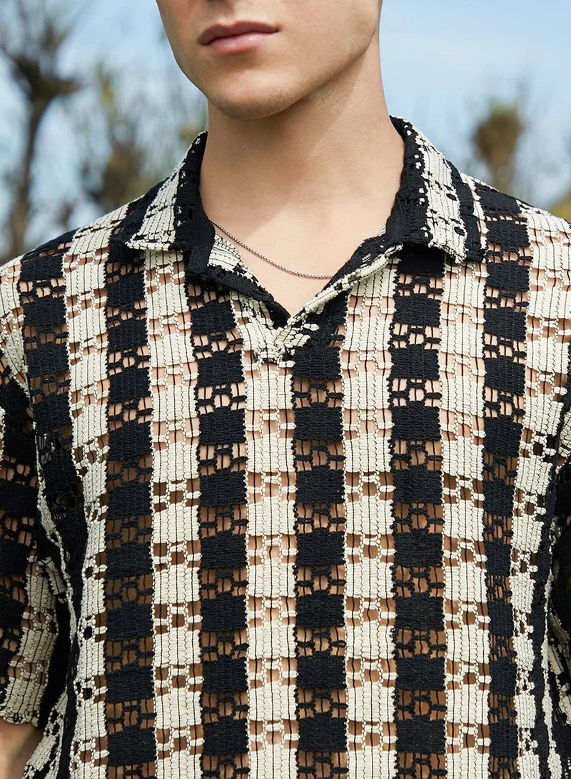 Men's Obsidian Black & Off-White Track-Stripe Oversized Polo T-Shirt