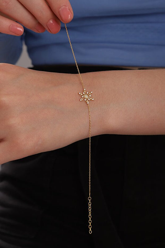 Bilsen Store Kadın 925 Ayar Gümüş Zincirli Altın Kaplamalı Kar Tanesi Bileklik