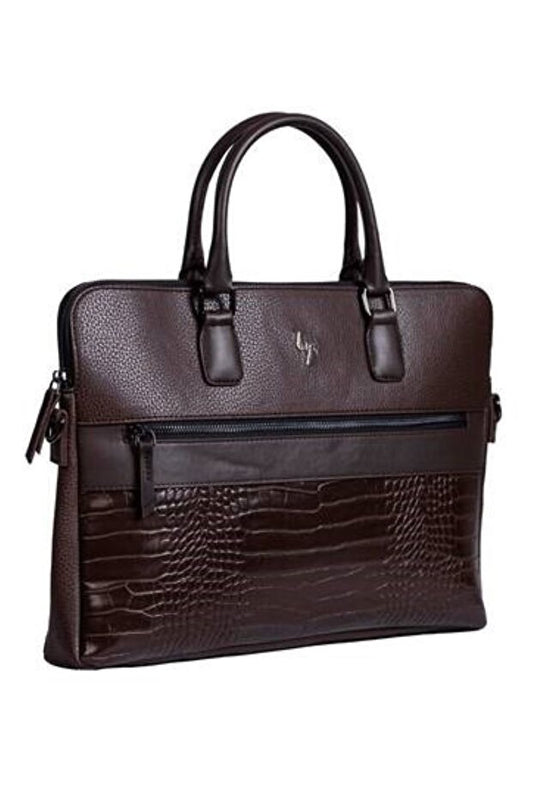BYZ -243 Sacoche pour ordinateur portable marron crocodile avec bandoulière 41x28x5 cm