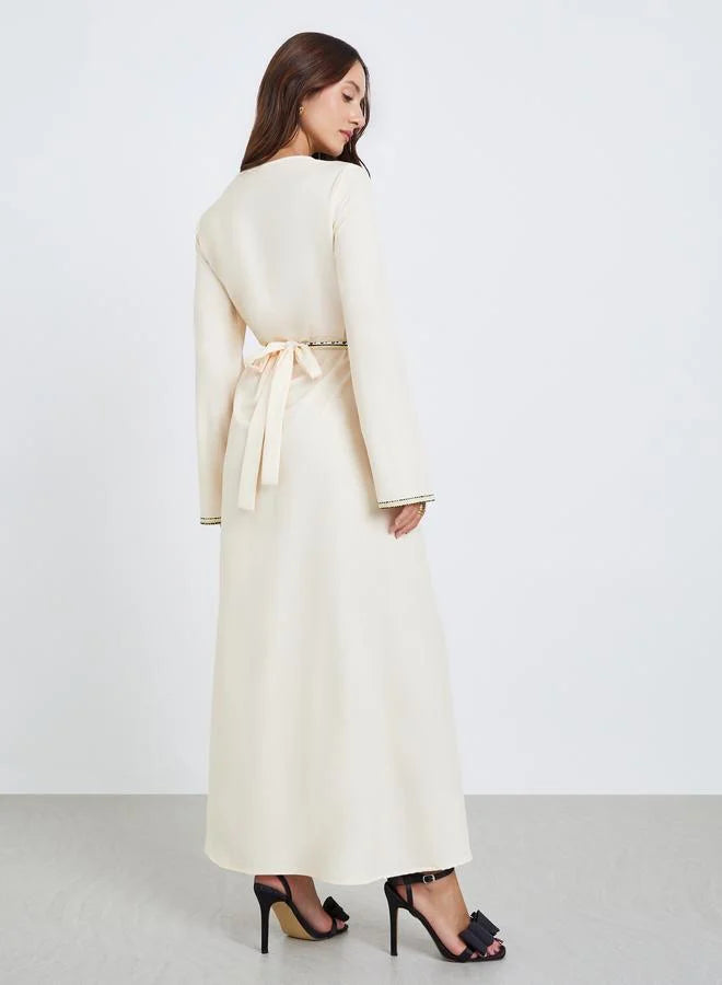 Women Beige Floral Embroidered Maxi Dress