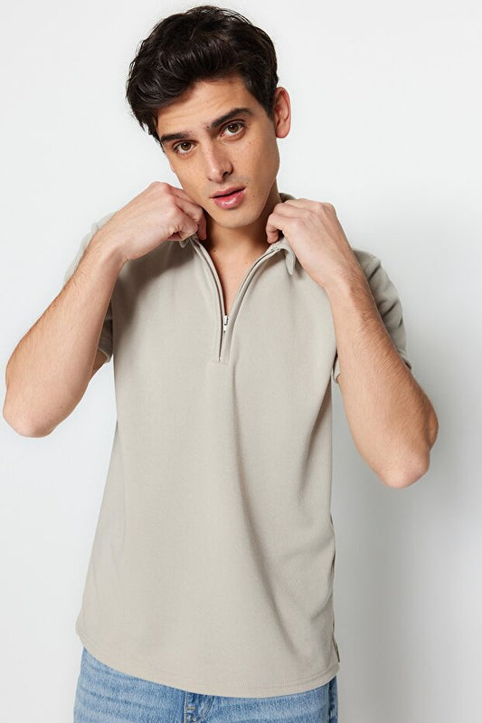 Premium Stone Regular/Normal Cut Piqué Zip-Up Polo Neck T-Shirt Tmnss23Po00019