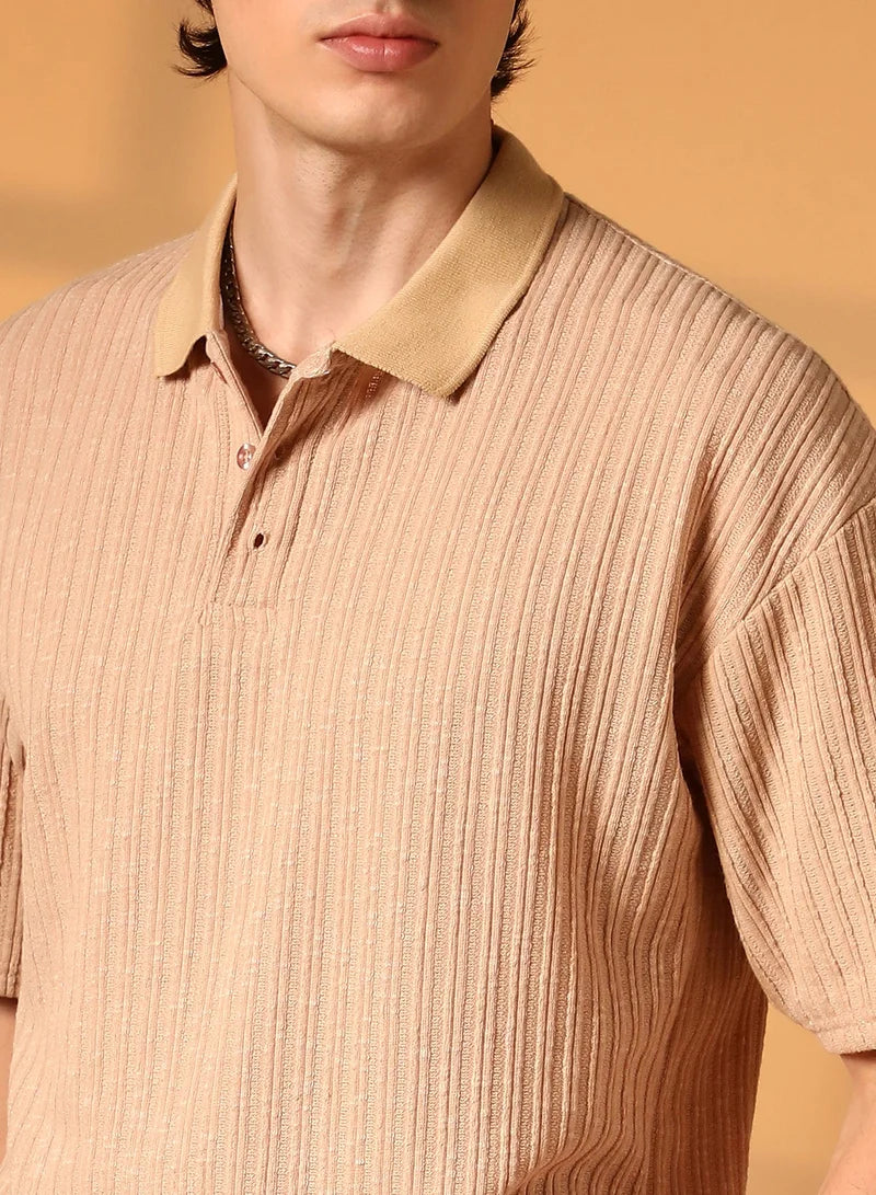 Men's Buff Beige Striped Oversized Polo T-Shirt For Casual Wear | Polo Neck | Short Sleeve | Half-Button Closure | T-Shirt Crafted With Comfort Fit For Everyday Wear