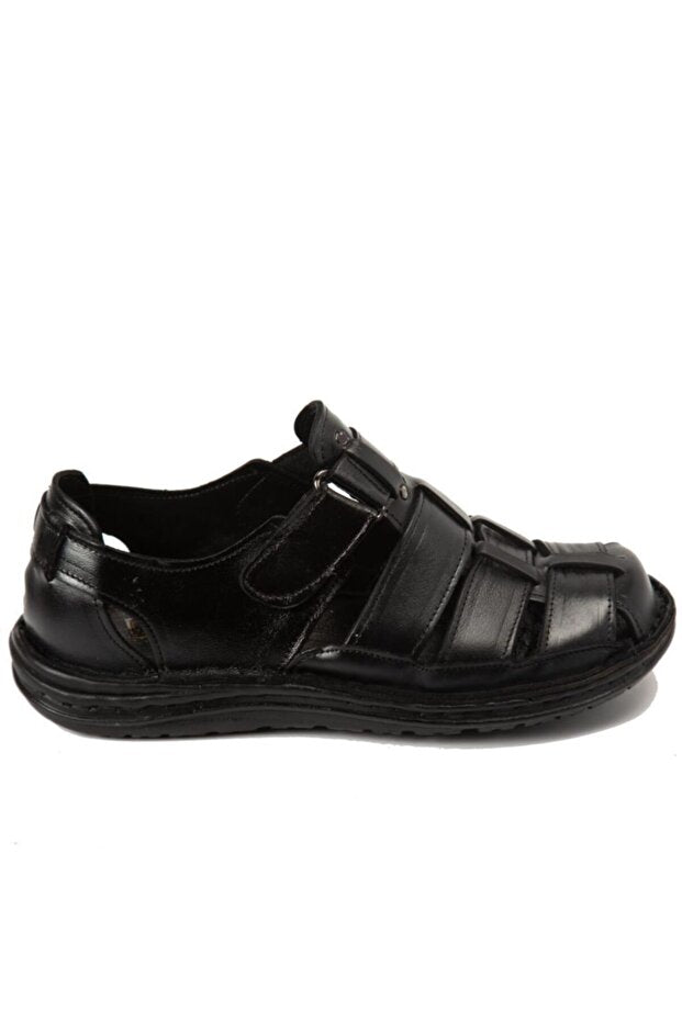 Ayakkabı Sandales pour hommes en cuir véritable noir, à porter au quotidien