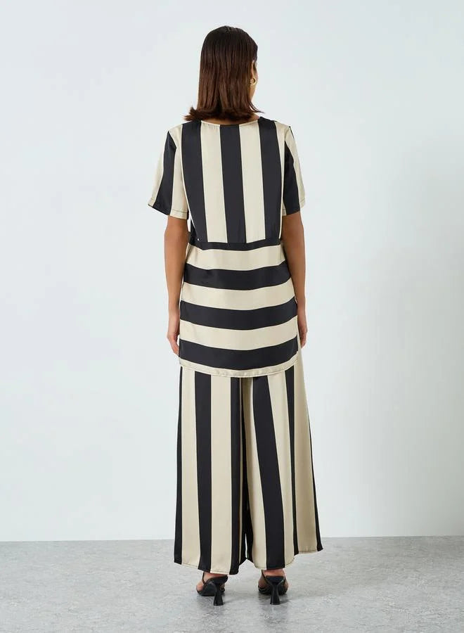 Ensemble haut et pantalon rayé à col rond pour femme