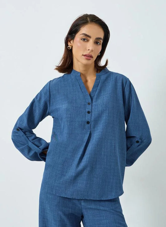 Ensemble haut à col en V uni et pantalon à taille élastique pour femme