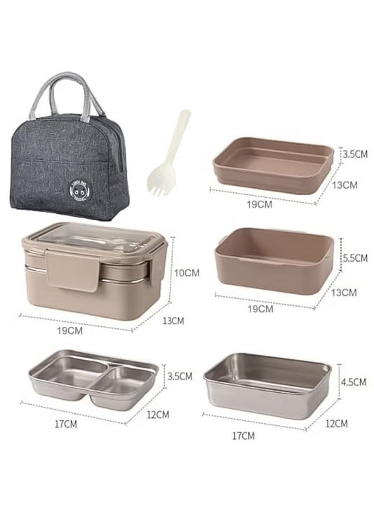 Bento Box, Stainless Steel Double Layer Lunch Box with Spoon and Fork, Stainless Steel Lunch Box with lunch bag, Leakproof Bento Box Khaki