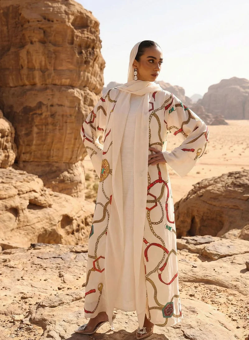 Abaya à imprimé abstrait blanc cassé superposée avec hijab