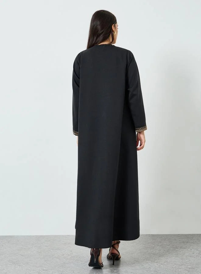 Black Embroidered Open Front Abaya