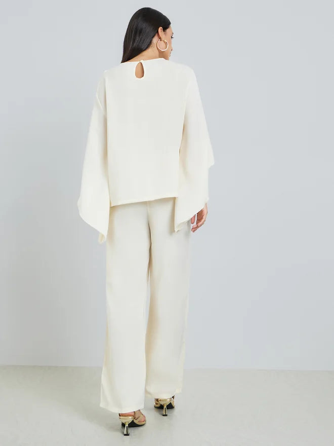 Ensemble haut et pantalon Styli crème à manches évasées