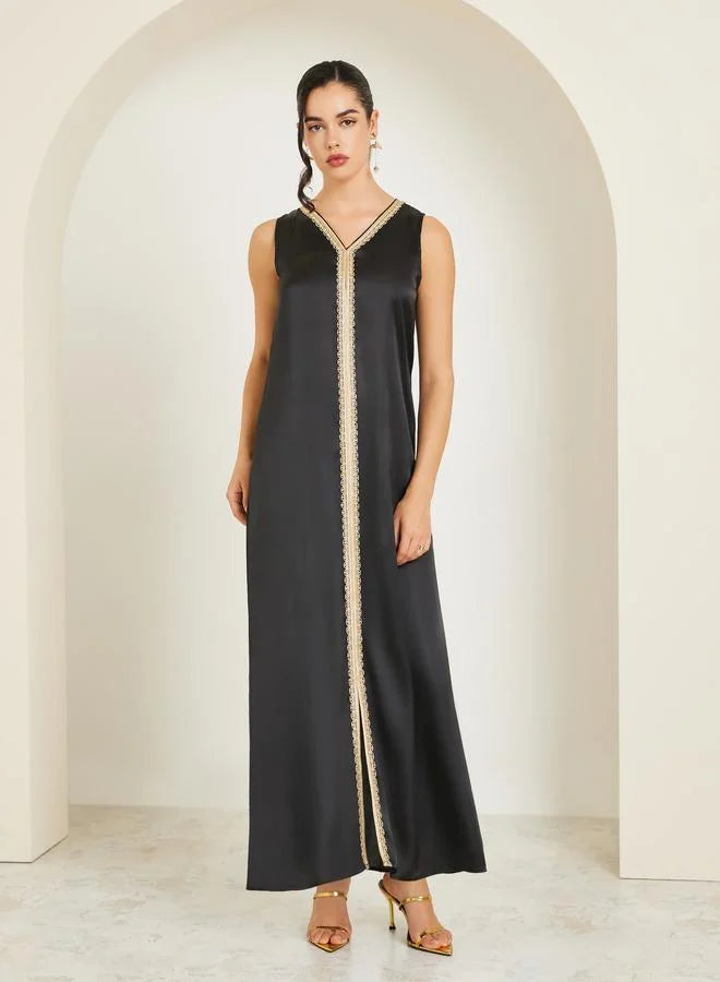 Women Black Printed Embroidered Golden Lace Kaftan