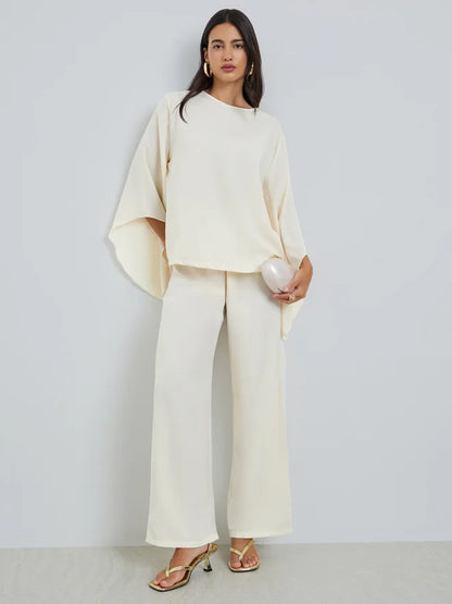 Ensemble haut et pantalon Styli crème à manches évasées