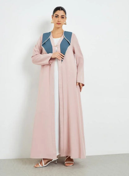 Beige Color Block Open Front Abaya