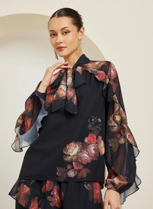 Chemisier noir à imprimé floral et manches à volants