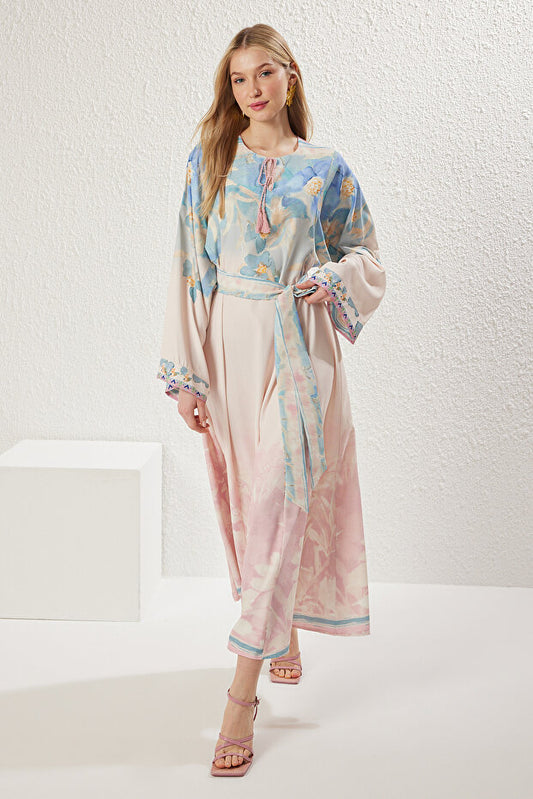 Trendyol Modest Powder Linen Look Spanish Sleeves Belted Print Woven Dress Tctss25Eb00033
