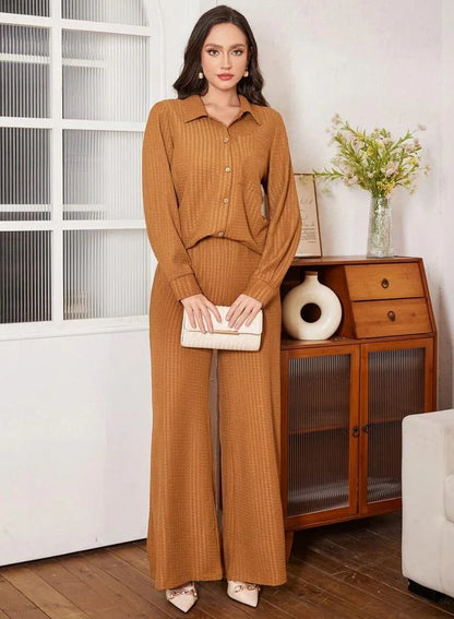 Ensemble chemise texturée marron café et pantalon large