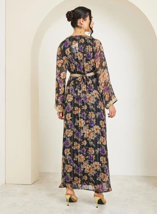 Women Black Printed Embroidered Golden Lace Kaftan