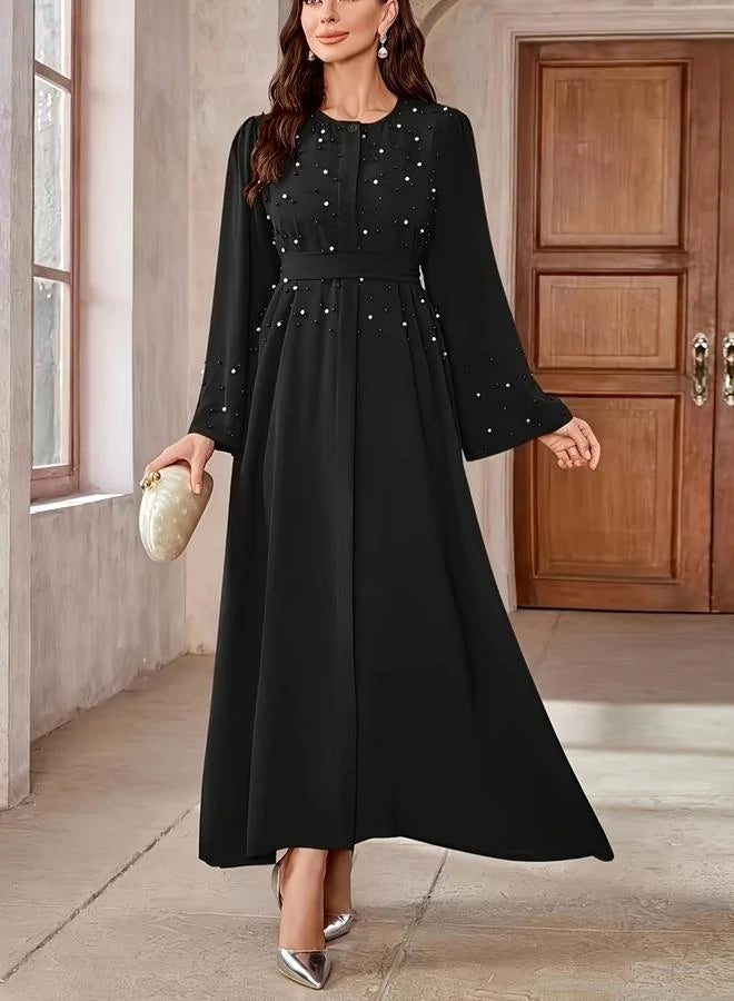 Black Faux Pearl Embellished A-Line Abaya