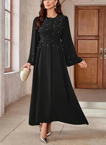 Black Faux Pearl Embellished A-Line Abaya