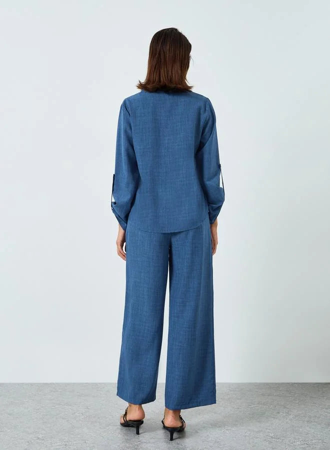 Ensemble haut à col en V uni et pantalon à taille élastique pour femme