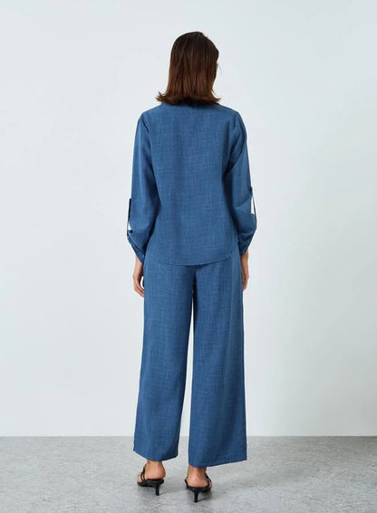 Ensemble haut à col en V uni et pantalon à taille élastique pour femme