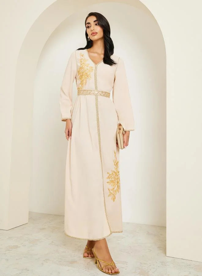 Women Beige Golden Embroidered Kaftan